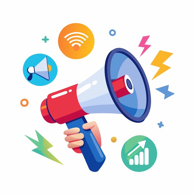 Vector hand holding megaphone with wifi growth and lightning icons