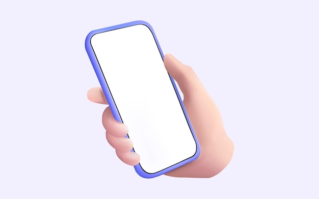 Vector hand holding mobile phone blank white screen on purple background communication social media online technology application internet hand using mobile phone mockup 3d cartoon vector illustration