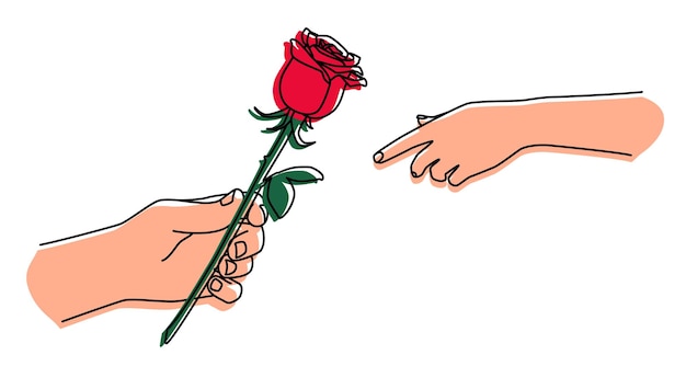 Vector hand holding a rose and giving it man gives a flower to a woman