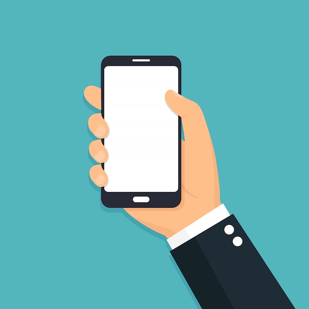 Hand holding smart phone. Flat design icon. illustration