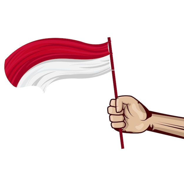 Hand holding and waving the national flag of Indonesia