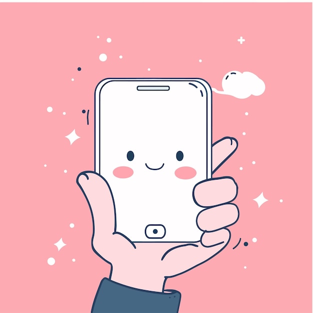 Vector a hand holding a white phone that has a smiley face on it