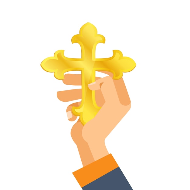 Hand holds the Orthodox gold cross Concept of religion Christianity