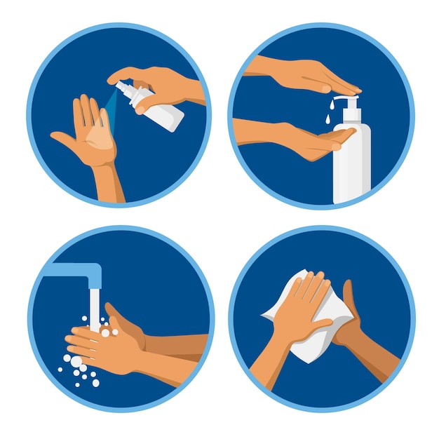 Vector hand hygienic prpcedures. sanitizer spray, liquid soap, washing hands, wiping with an antibacterial wipe.