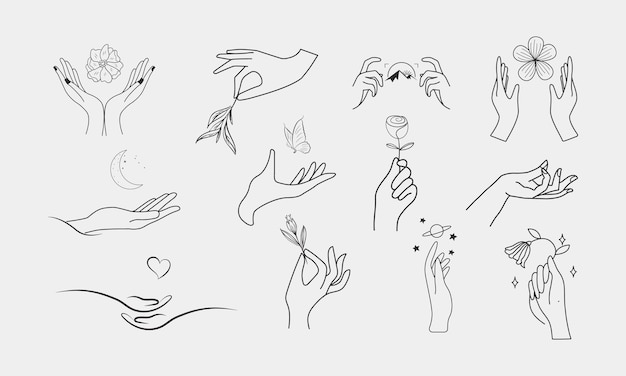 Vector hand icon outline style of different gestures in a trendy minimal linear style vector art