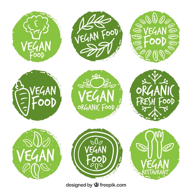 Vector hand painted rounded vegan food labels