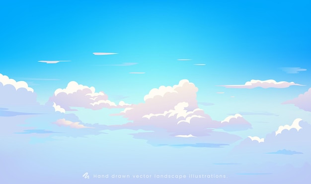 Hand painted sky illustration with blue sky background and colored clouds