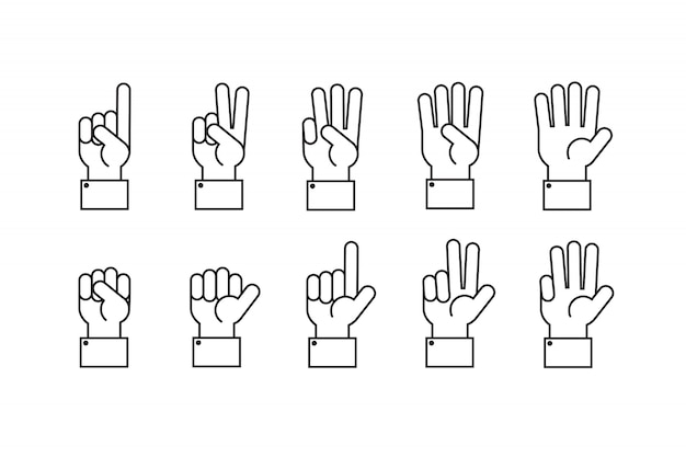 Hand with counting fingers line symbols