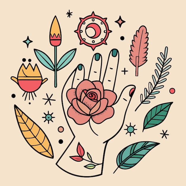 Vector handdrawn beautiful simple tattoos artistic floral design