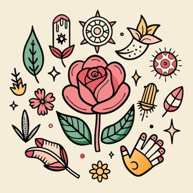 Vector handdrawn beautiful simple tattoos artistic floral design