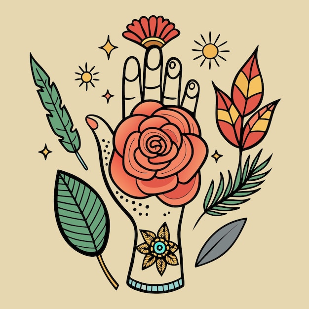 Vector handdrawn beautiful simple tattoos artistic floral design