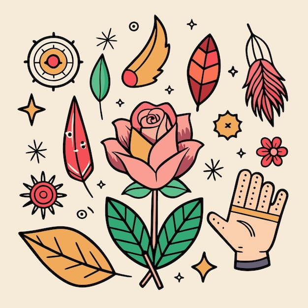 Vector handdrawn beautiful simple tattoos artistic floral design