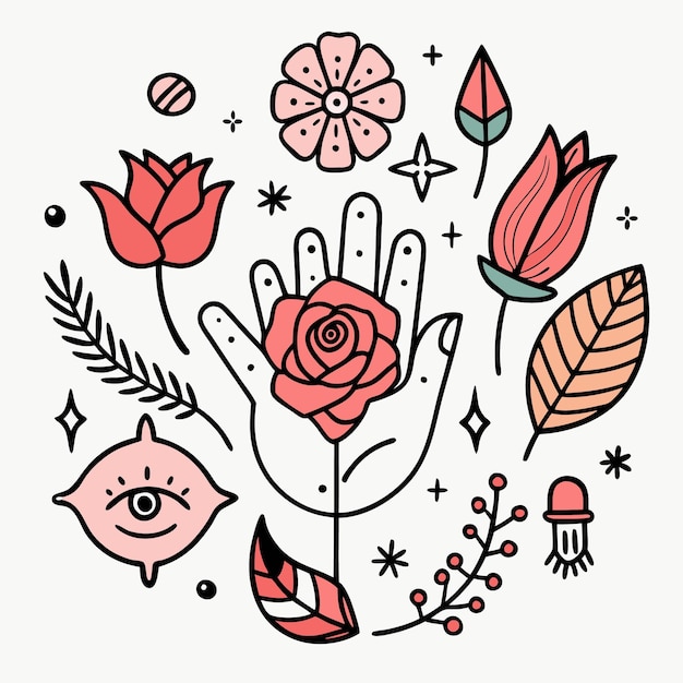 Vector handdrawn beautiful simple tattoos artistic floral design