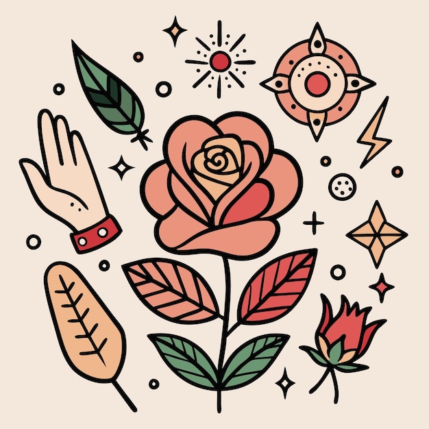 Vector handdrawn beautiful simple tattoos artistic floral design