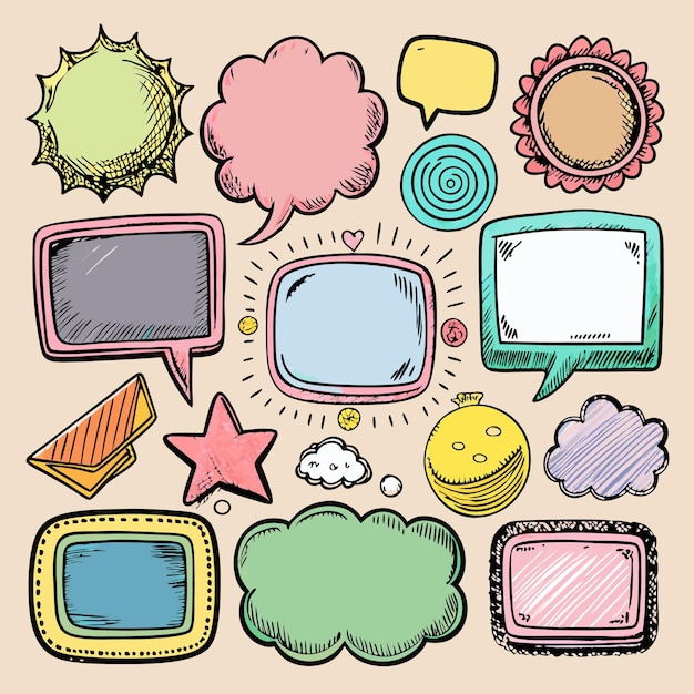 Vector handdrawn colorful frames speech bubbles and shapes on a beige background