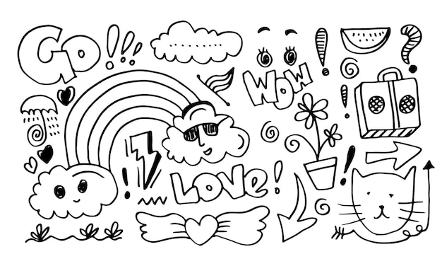 Vector handdrawn cute doodle set on white background doodle design elementsdoodle kids for decoration and coloring page