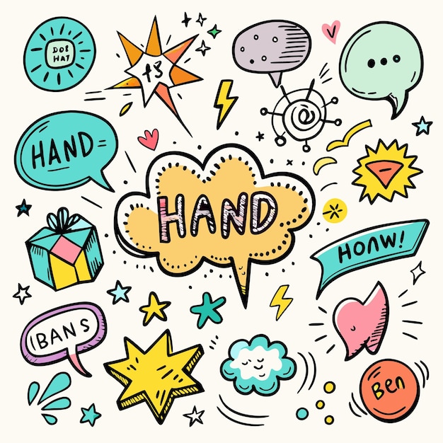 Vector handdrawn doodle stickers with stars hearts and speech bubbles