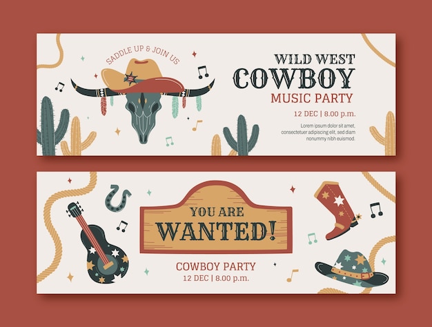 Handgetekende cowboyfeest horizontale banner