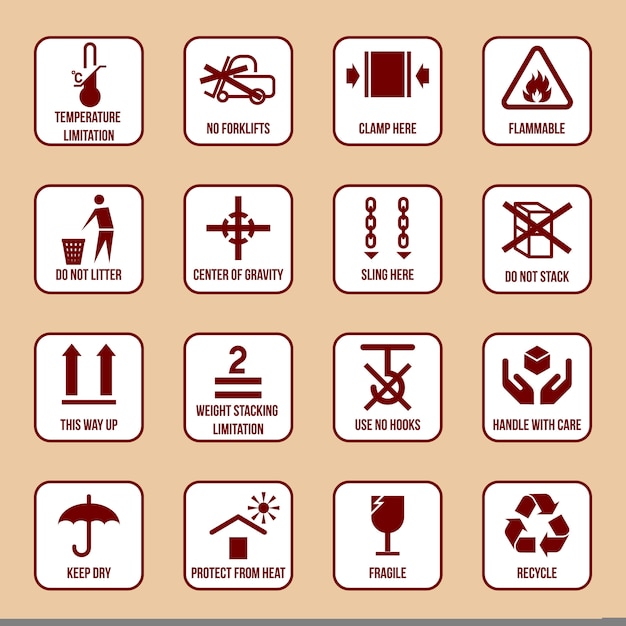 Handling and packing icons set with temperature limitation flammable no stack symbols vector illustration