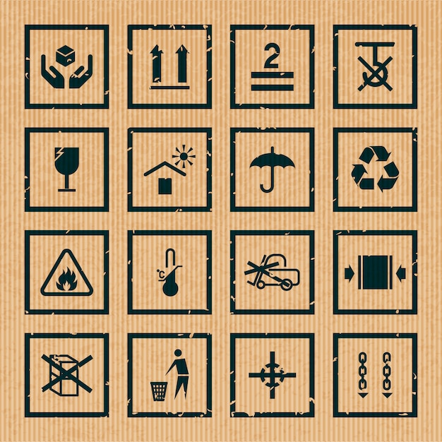 Handling and packing symbols black cardboard icons set isolated vector illustration