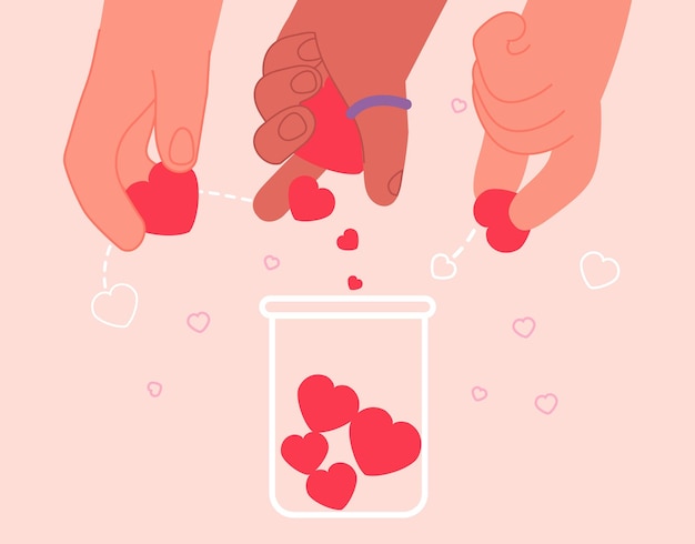 Hands donate love Hand hold hearts and fill jar Donations and volunteering concept Romantic feelings hope and support vector illustration