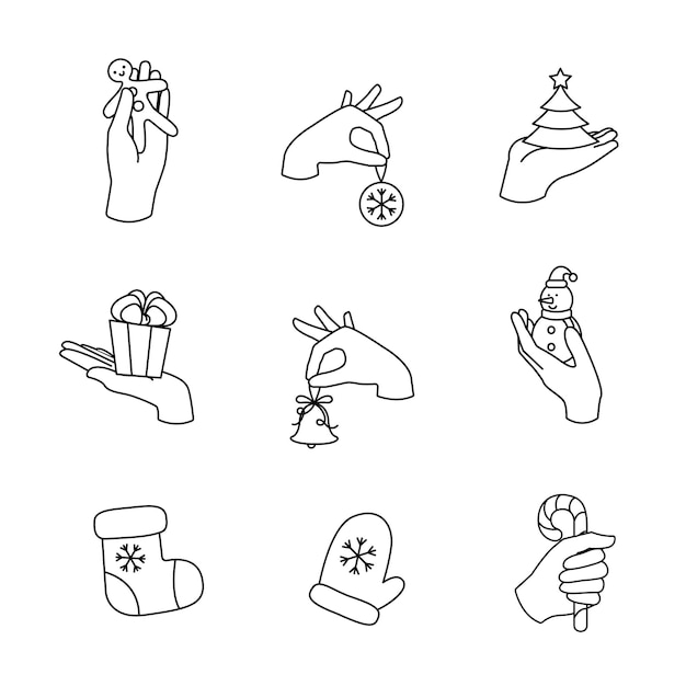 Vector hands gestures illustration set in doodle style characters holding christmas gifts holiday decorat