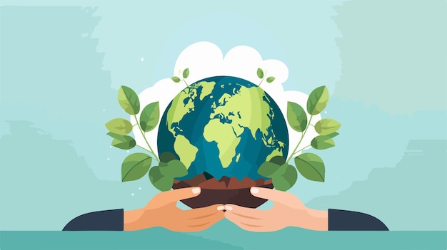 Vector hands holding a globe with plants around it