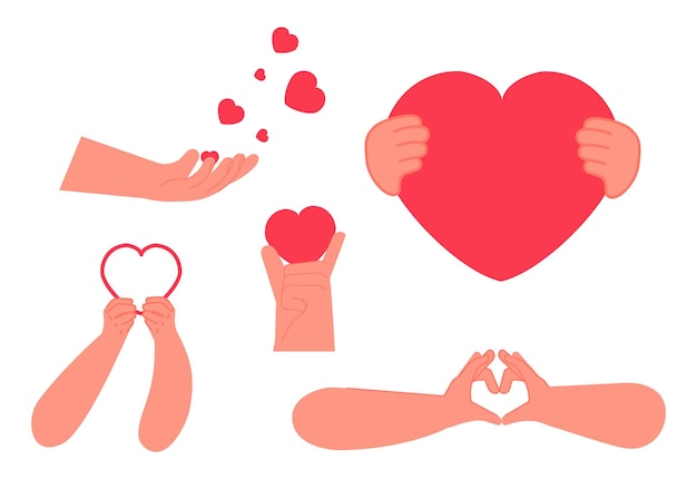 Hands holding hearts Hand with red heart romantic love Volunteering or charity friends family support vector symbols