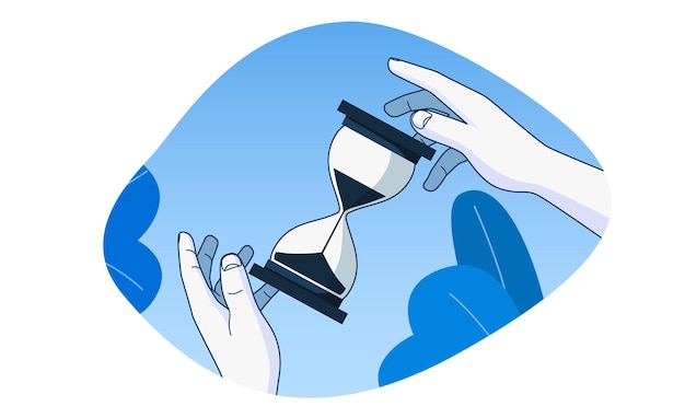 Hands holding an hourglass Time management and planning concept Modern flat style