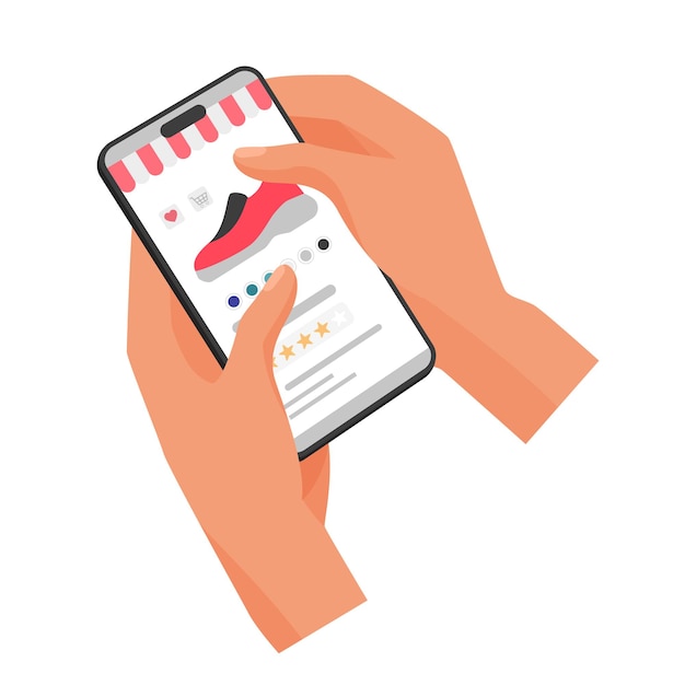 Vector hands holding mobile phone to rate quality of shoes with stars