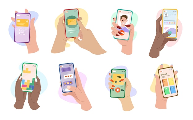 Vector hands holding phones with mobile apps illustrations set