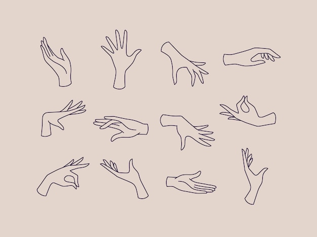 Vector hands icons drawing in flat style with black lines on beige background