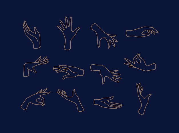 Vector hands icons drawing in flat style with brown lines on blue background