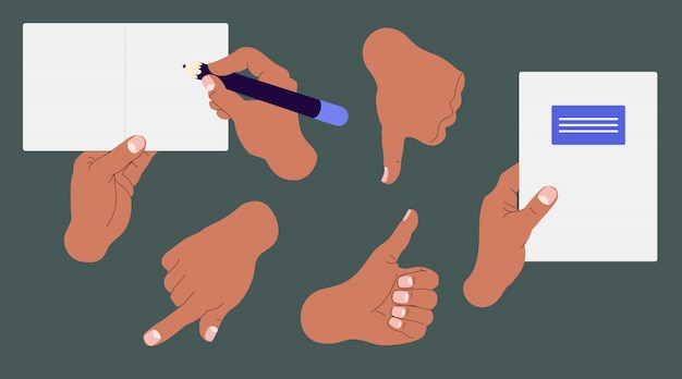 Vector hands and notes modern illustration set. isolated hand drawn elements. variety of human's hands holding pencil, notes and showing different gestures. minimalistic infographics.