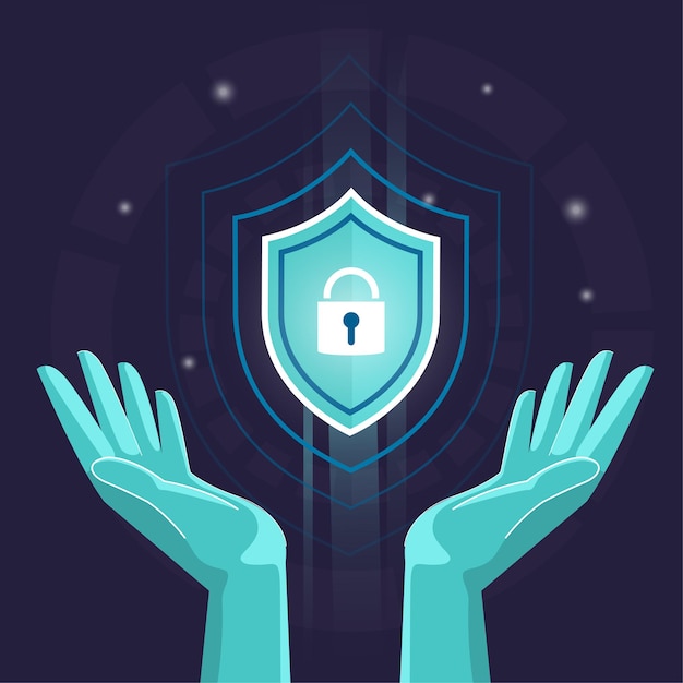 Vector hands security and anti-virus protection , cyber data security online, global data security, personal data security, internet rendering flat illustration