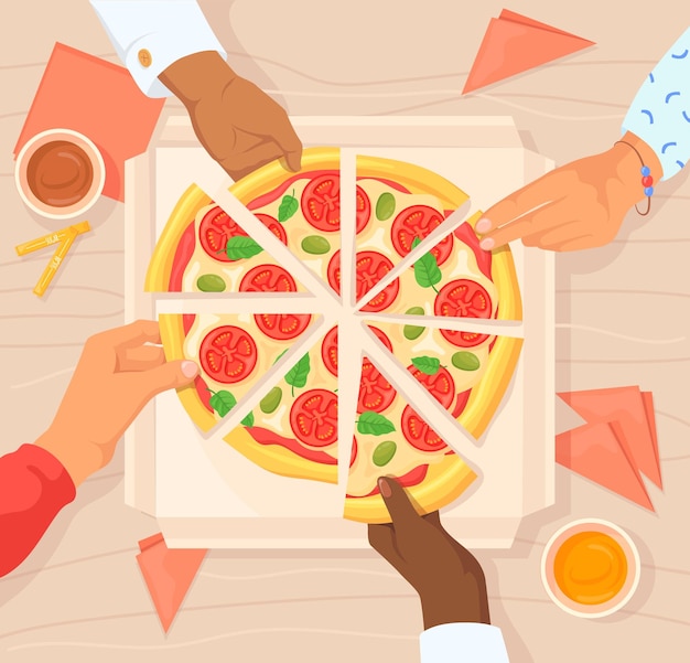 Hands taking pizza Party eating dinner share meal with hungry family or comer friends hand grab slice pizzas eat dish office colleagues together lunch neat vector illustration