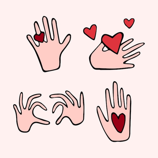 Vector hands with love heart doodle set