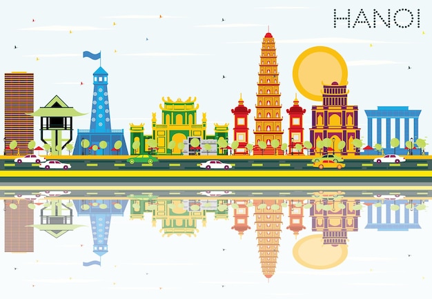 Vector hanoi skyline with color buildings, blue sky and reflections. vector illustration. business travel and tourism concept with historic architecture. image for presentation banner placard and web site.