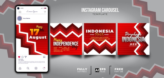 Happy 17th august instagram carousel template with smartphone