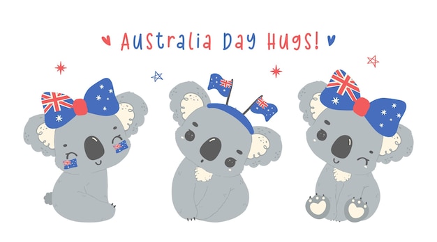 Vector happy australia day koalas with flag adorable baby animal celebrate australian nation day banner