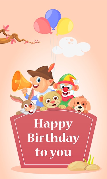 Vector happy birthday card illustration for kids with cute characters