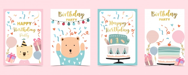 Happy Birthday cards set with cake, confetti, balloon