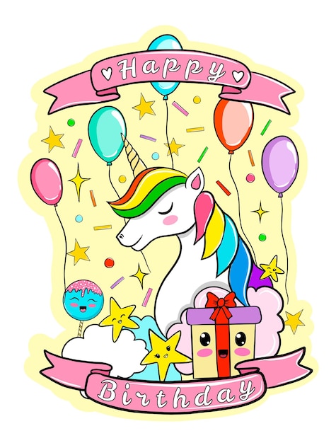 Happy birthday congratulation card with unicorn and kavaii sweets, vector illustration