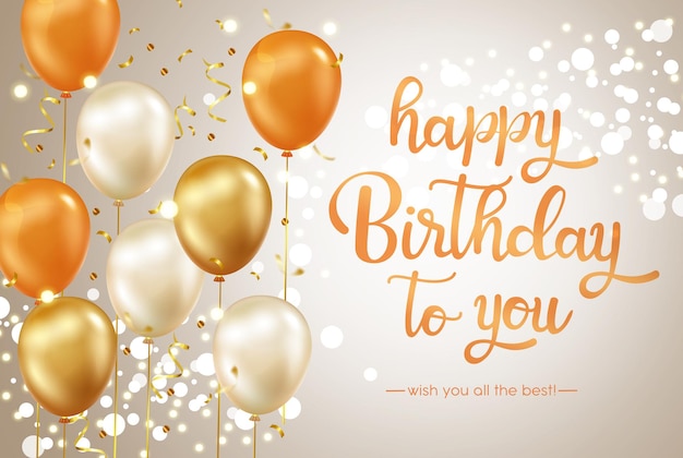 Happy birthday vector background design. Happy birthday to you greeting text with golden balloons.