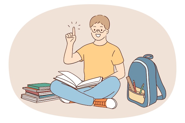 Happy boy in glasses read book get brilliant idea feel motivated Smiling male student study with textbooks brainstorm generate thought or plan Education and selfdevelopment Vector illustration