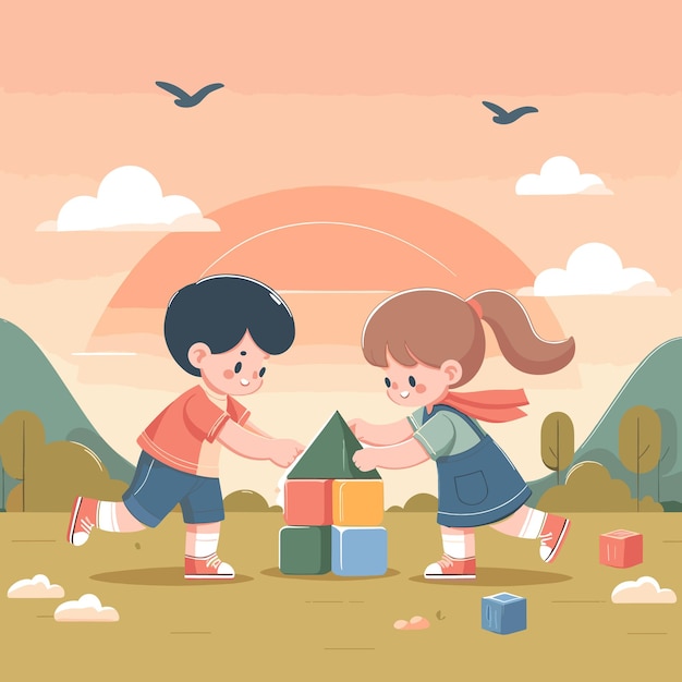 Vector happy cartoon kids playing vector illustration children playful moment