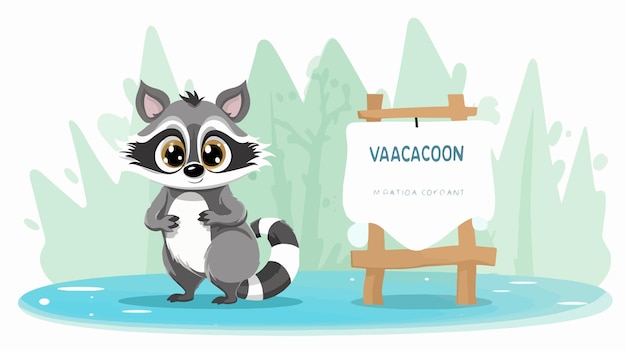 Vector happy cartoon raccoon standing next to sign