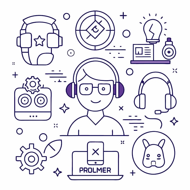 Vector happy character with headphones wearing glasses next to a laptop