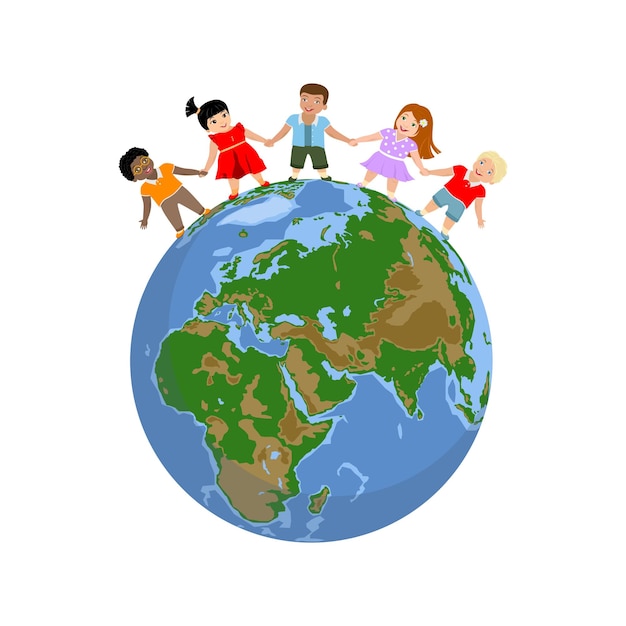 Happy children of different races and colors holding hand and standing on the globe the planet color