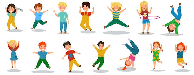 Happy children is a Day. A set of funny little kids who jump and rejoice. Vector illustration in a flat cartoon style.